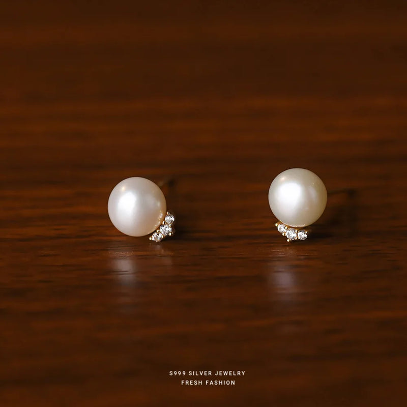 Sterling Silver Zircon Pearl Stud Earrings for Women