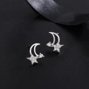 Sterling Silver Star Moon Earrings Zircon Stud Fine Jewelry Accessories