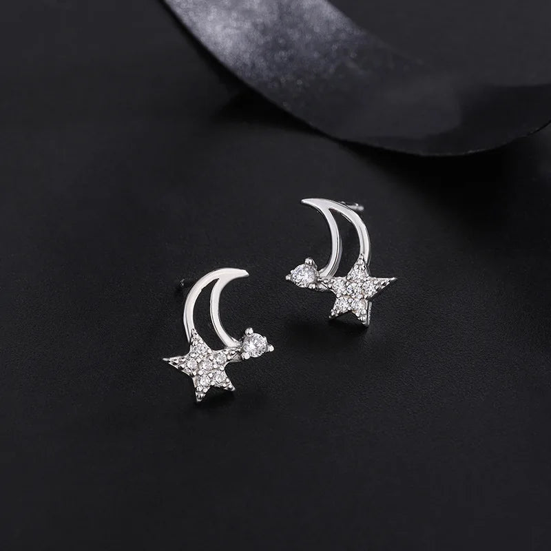 Sterling Silver Star Moon Earrings Zircon Stud Fine Jewelry Accessories