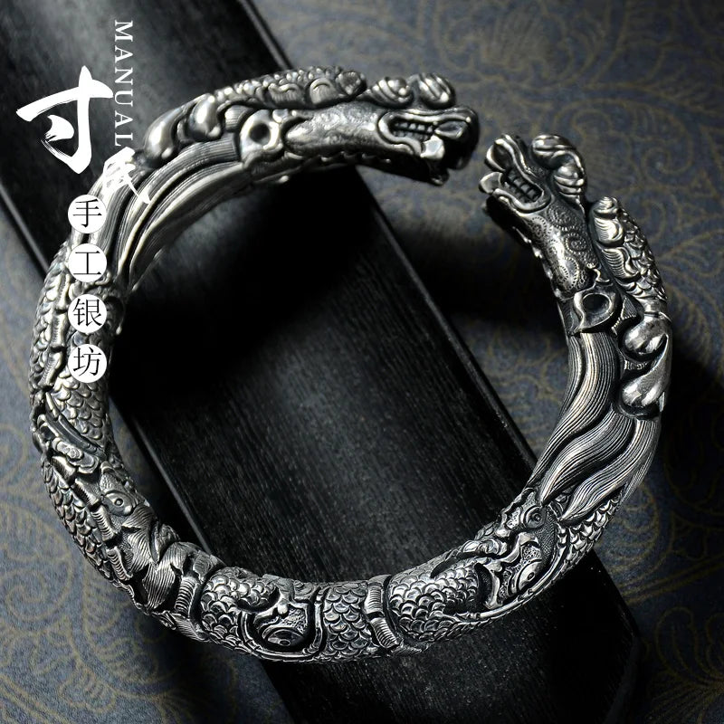 999 Silver Bracelet for Men with Full Carving Design