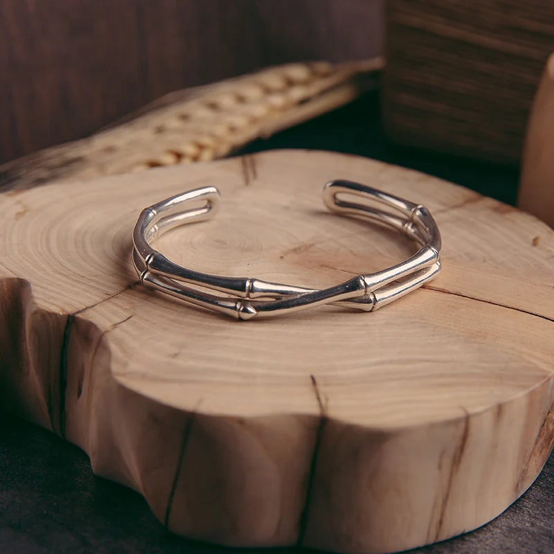 999 Silver Double Bamboo Bangle Youth Bracelet