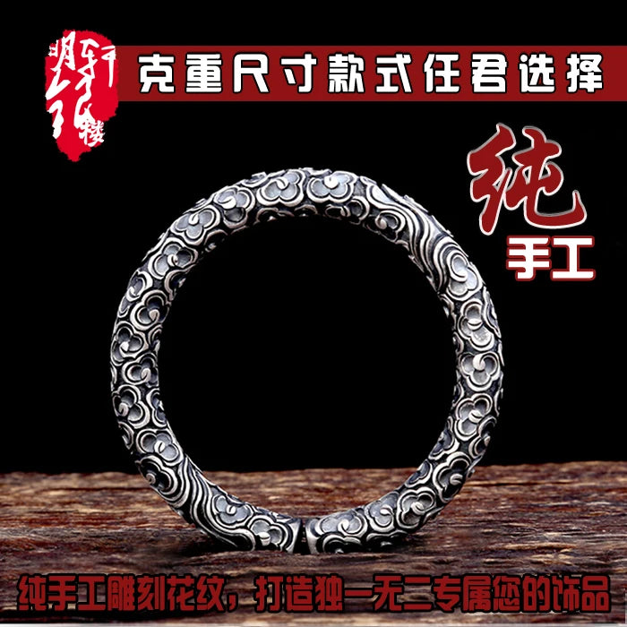 Handcrafted 999 Silver Golden Hoop Bracelet Ethnic Wind