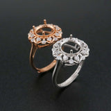 9MM Round Bezel Flower Rose Plated Solid 925 Sterling Silver DIY Adjustable Ring