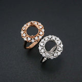 9MM Round Bezel Flower Rose Plated Solid 925 Sterling Silver DIY Adjustable Ring