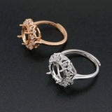 9MM Round Bezel Flower Rose Plated Solid 925 Sterling Silver DIY Adjustable Ring