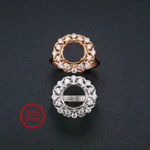 9MM Round Bezel Flower Rose Plated Solid 925 Sterling Silver DIY Adjustable Ring