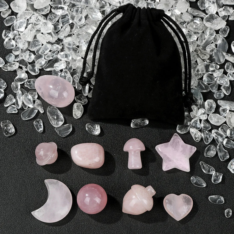 9PCS Rose Quartz Labradorite Crystal Set Home Decor Craft Stones