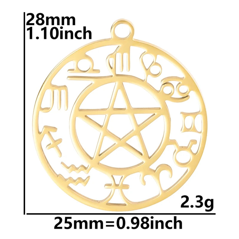 9Pcs Stainless Steel Horoscope Zodiac Sign Charms Witch Pentagram Pendant