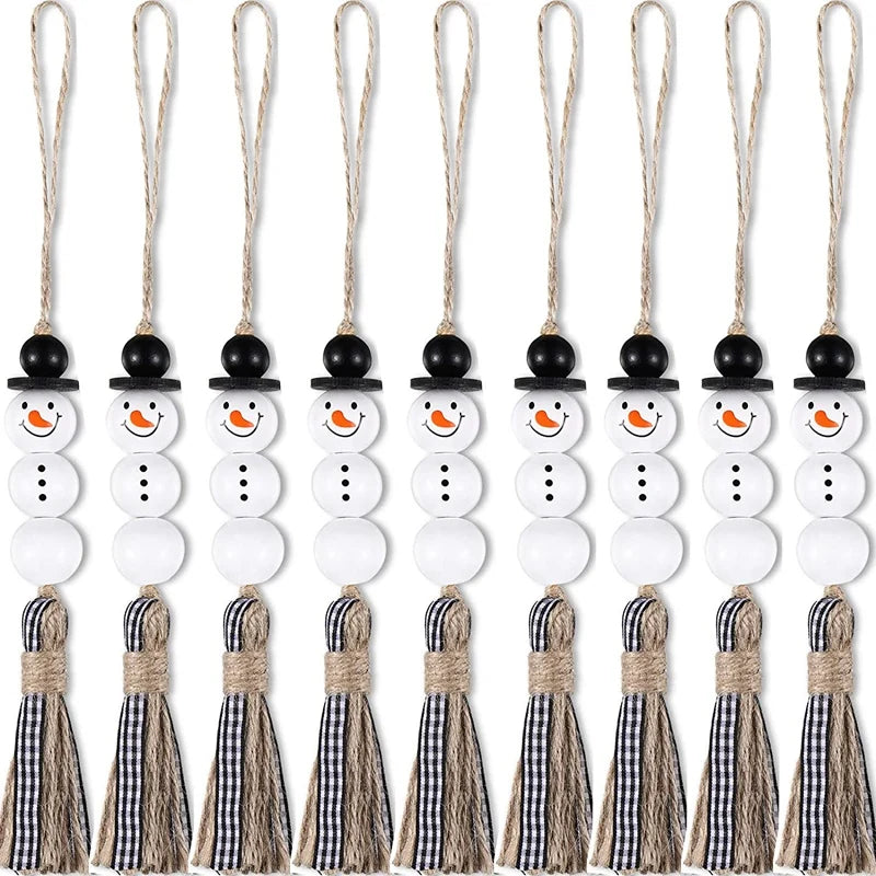 9Pcs Snowman Bead Garland Christmas Tree Ornaments Xmas Wooden Farmhouse Bead