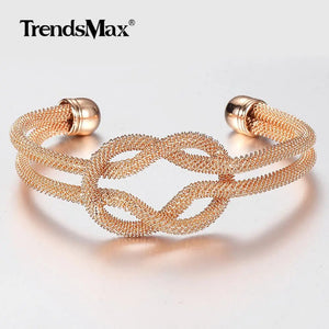9mm 585 Rose Big Cuff Bangle Bracelet Women Girls Knot Carved Wristband
