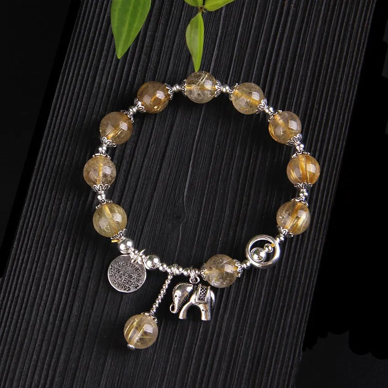 9mm Citrine Bead Bracelet Elephant Pendant Lucky Women's Jewelry