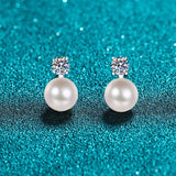 0.6ct D Moissanite 9mm Pearl Stud Earrings Silver 925 Round Cut Diamond Wedding