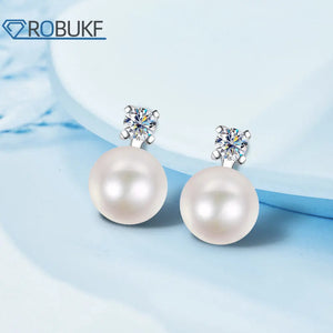 0.6ct D Moissanite 9mm Pearl Stud Earrings Silver 925 Round Cut Diamond Wedding