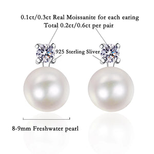 0.6ct D Moissanite 9mm Pearl Stud Earrings Silver 925 Round Cut Diamond Wedding
