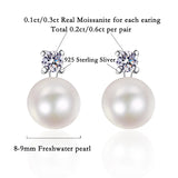 0.6ct D Moissanite 9mm Pearl Stud Earrings Silver 925 Round Cut Diamond Wedding