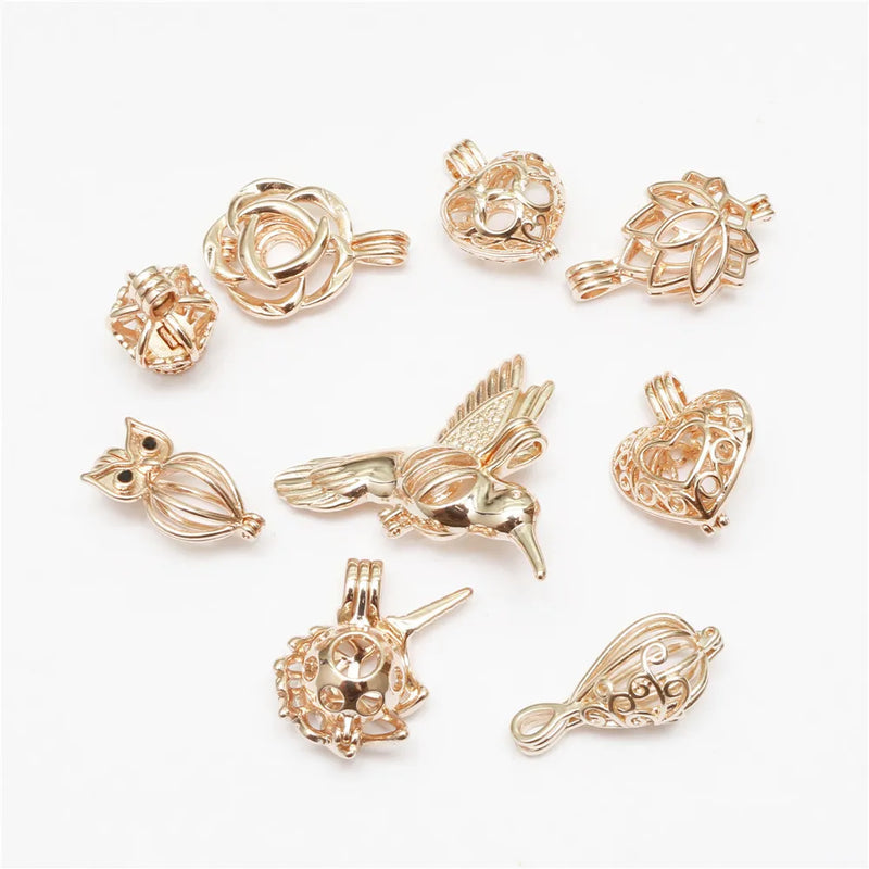 9pcs Mixed Pearl Cage Rose Pendants Aromatherapy Necklace