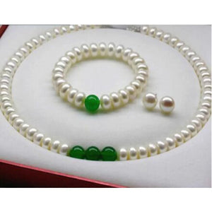 Akoya Cultured Pearl/Emerald Bracelet Necklace Earring Set