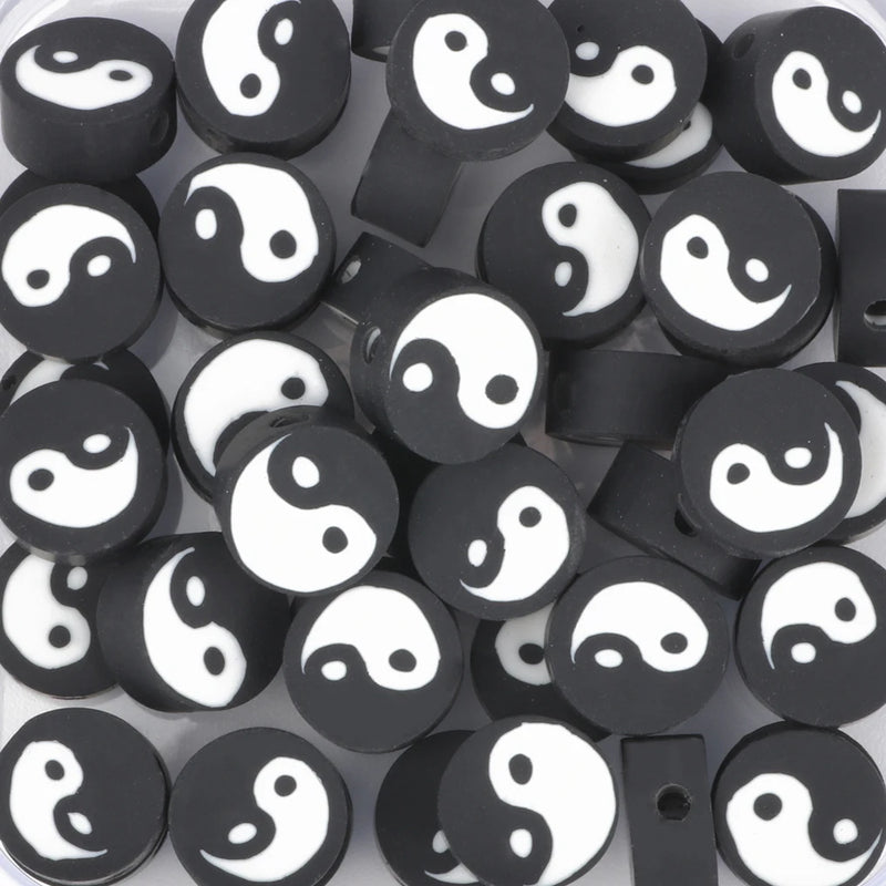 Tai Chi Polymer Clay Beads Flat Round Yin Yang Spacer Loose Beads 50pcs/box