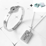 Heart Lock Bracelet Stainless Steel Bangles & Key Necklace Set
