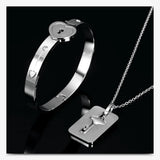 Heart Lock Bracelet Stainless Steel Bangles & Key Necklace Set