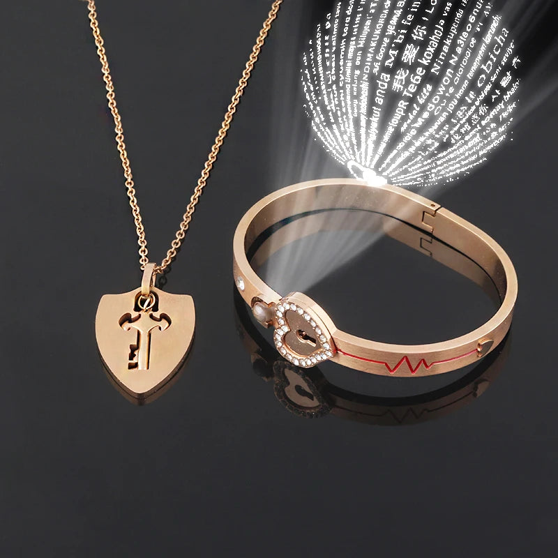 Heart Lock Bracelet Stainless Steel Bangles & Key Necklace Set