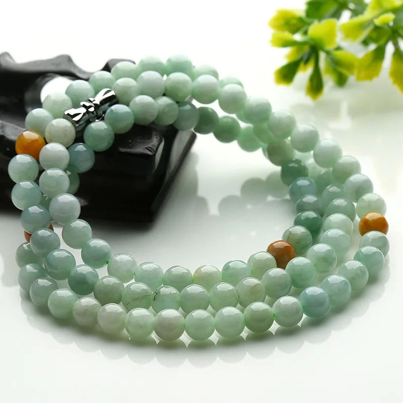 Jadeite Hand Carved 6mm Round Bead Bracelet Necklace Dual-use Jewelry