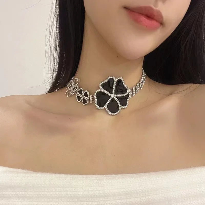 Glachocke Choker Set With Rhinestone Flower Necklace Gift