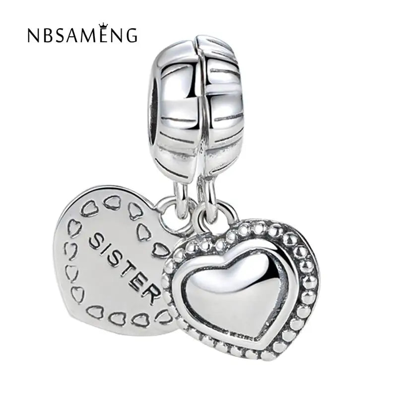 925 Silver Heart Sister Pendant Bead Charm for Bracelet Bangle DIY