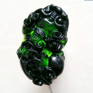 Green Jade Carved Money Pixiu Pendant Dragon Necklace Charm Lucky Amulet