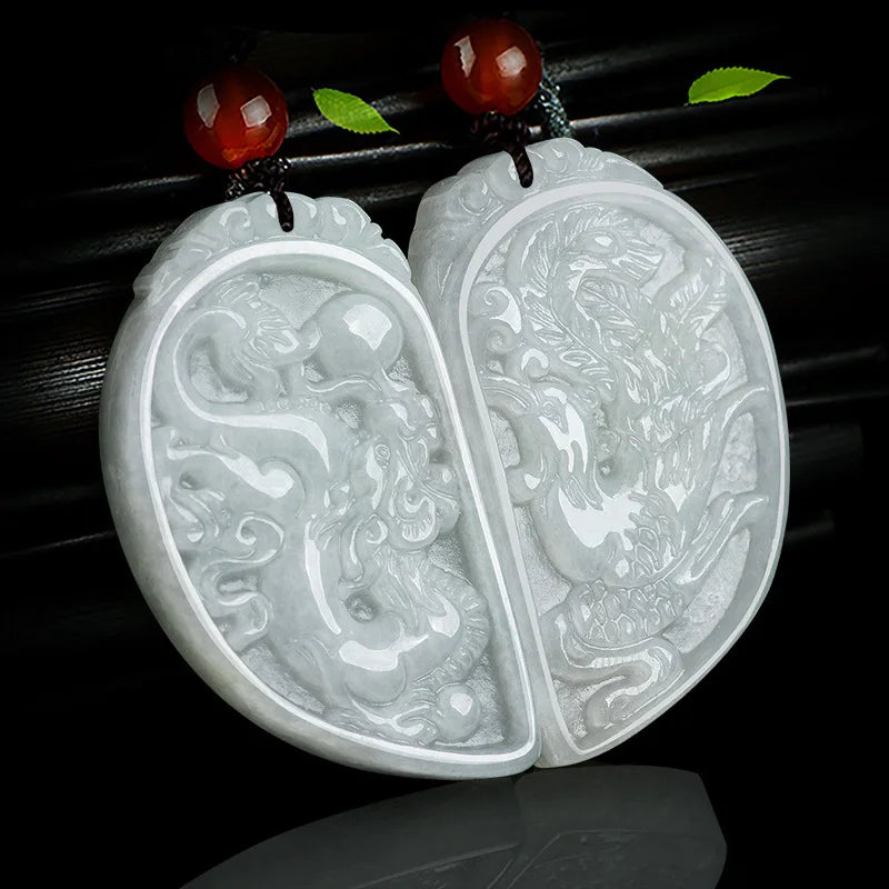 Jade Dragon Phoenix Pendant Charm Necklace Luck Amulet Couples Gift