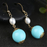 Turquoise Pearl Gemstone Earrings 18K Ear hook Aurora
