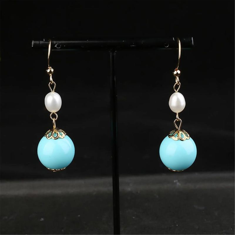 Turquoise Pearl Gemstone Earrings 18K Ear hook Aurora