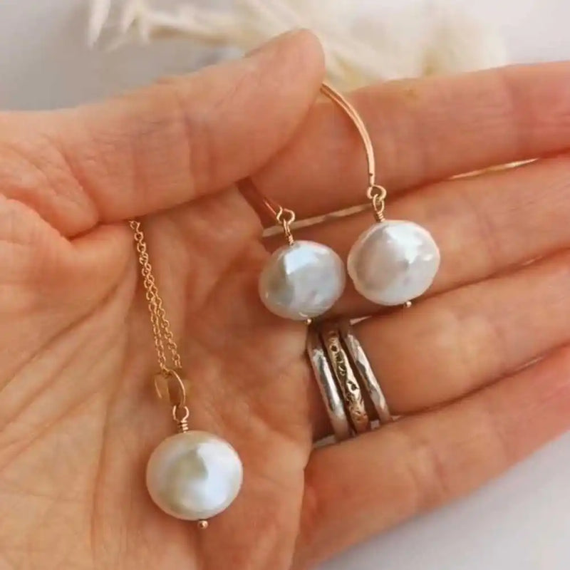 Baroque Freshwater Coin Pearl Necklace & Earrings Set