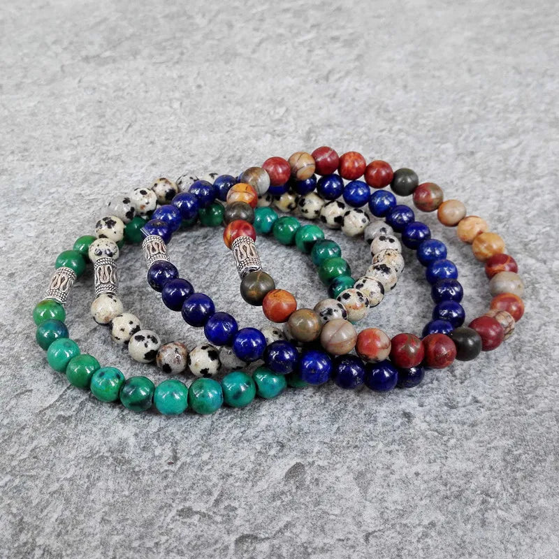 Set of 4 High 6mm Gem Stone Beads Bracelet, Lapis Lazuli/Dalmation Beads