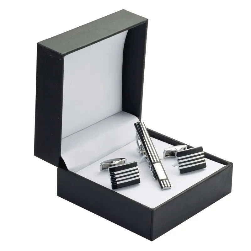 Enamel Cufflinks Striped Tie Clip Wedding Gift Box Set Men