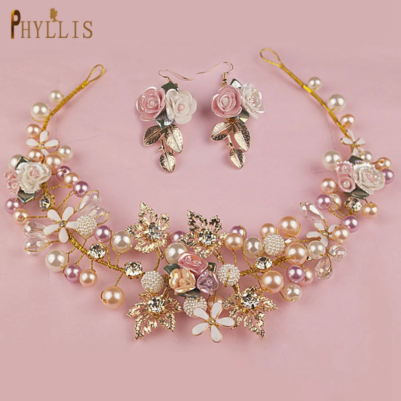Golden Flower Wedding Headband Bridal Headpiece Set