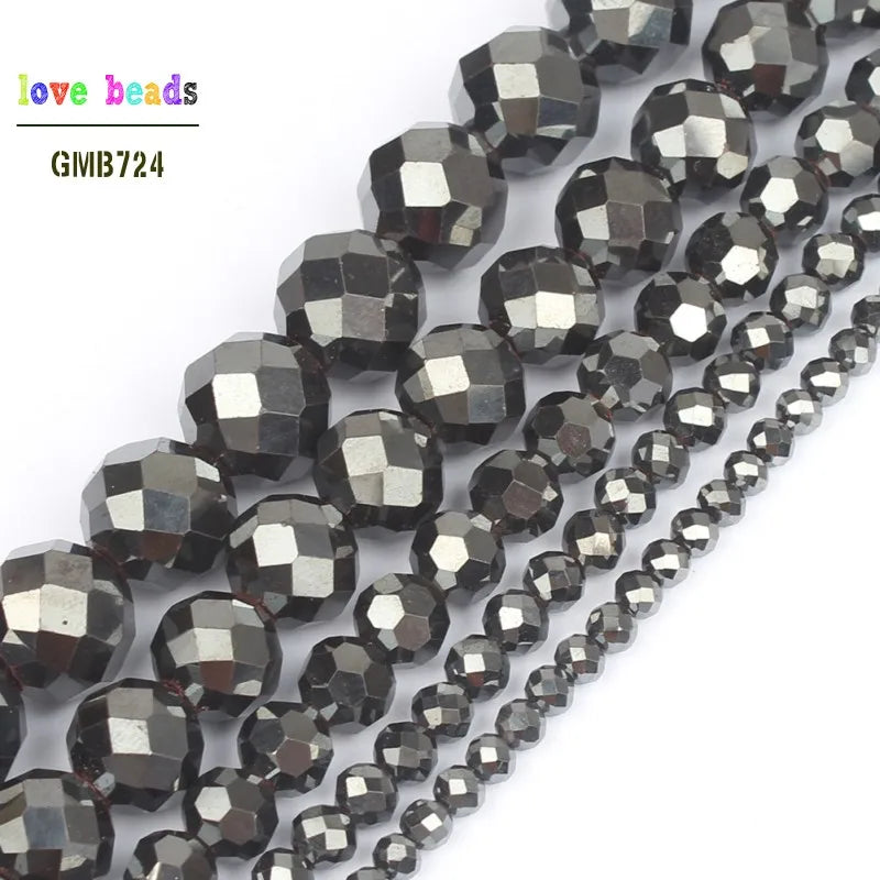 Faceted Hematite Round Loose Stone Beads 15'' 3/4/6/8/10mm