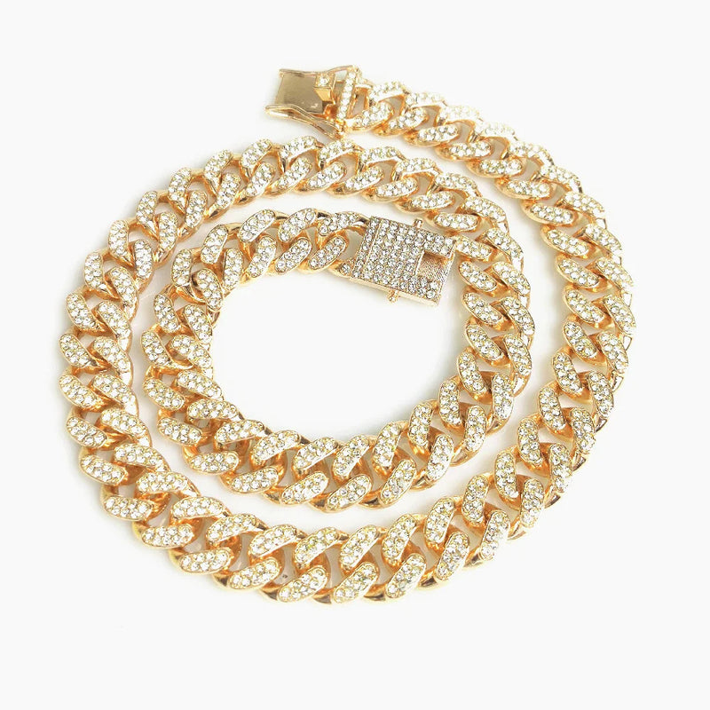 Miami Cuban Link Chain Necklace Rhinestone Iced Out Hip Hop Silver Jewelry