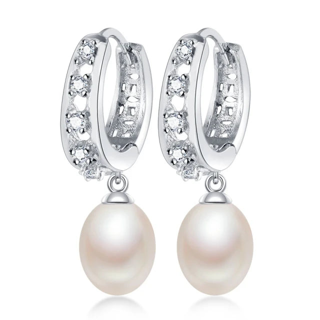 Natural Freshwater Pearl Drop Earrings Zircon 925 Sterling Silver Jewelry