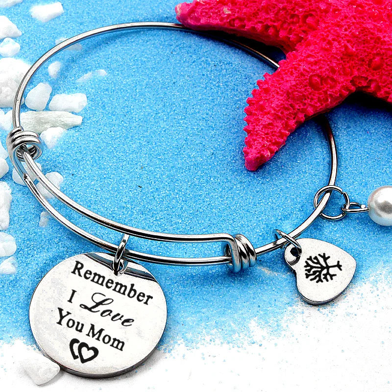 Stainless Steel I Love You Mom Pearl Heart Bangle