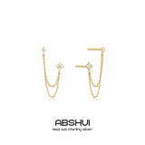 925 Silver Flower Stud Earrings with Zircons and Tassel Chain