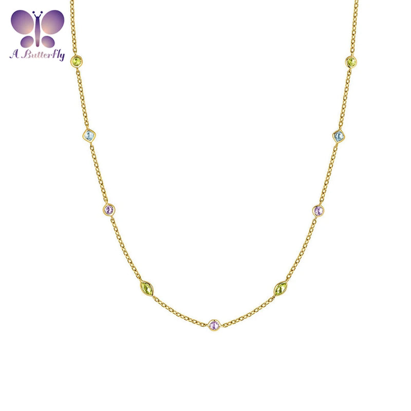 Colorful Gem Butterfly Necklace 925 Sterling Silver Women's Jewelry