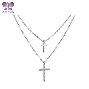 Butterfly 925 Sterling Silver Double Cross Pendant Necklace