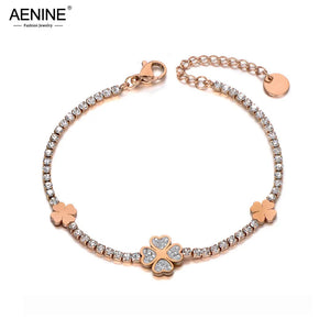 Stainless Steel Rhinestone Flower Charm Bracelet