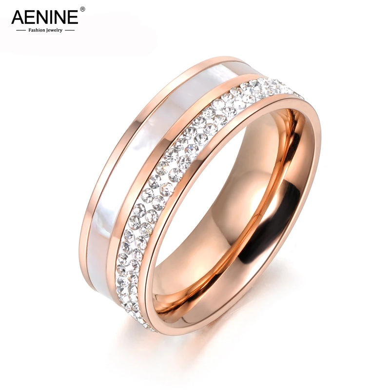 Classic Rose Rhinestone Shell Wedding Rings Stainless Steel Engagement Ring