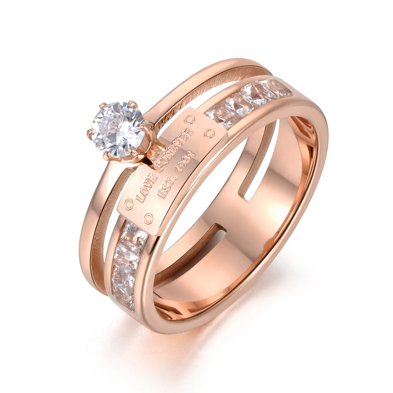 Clear CZ Crystal Rose Wedding Ring Stainless Steel Engagement AR18049