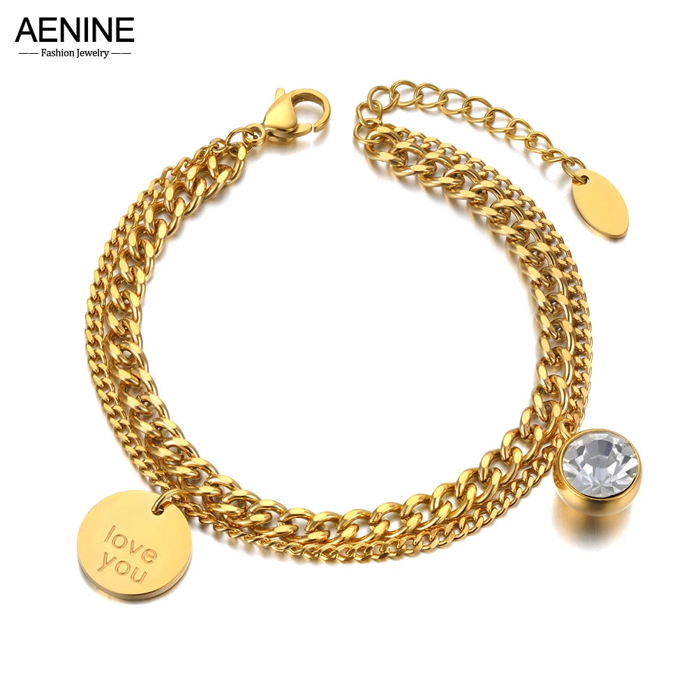 Stainless Steel Love You Tag & CZ Crystal Charm Bracelets