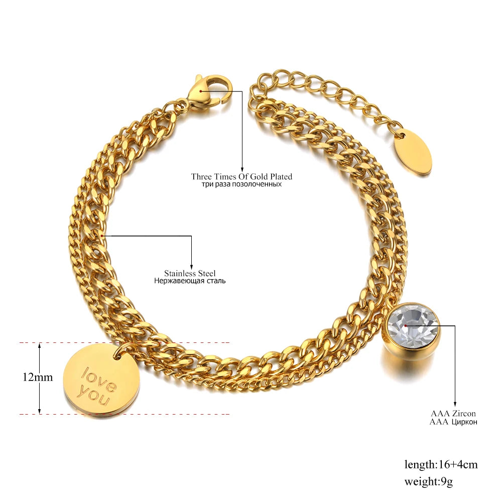 Stainless Steel Love You Tag & CZ Crystal Charm Bracelets