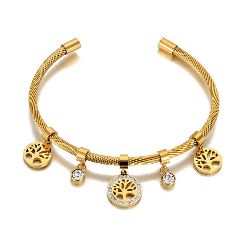 CZ Crystal Tree Charm Bangles Bracelets Stainless Steel Bohemia Party Jewelry