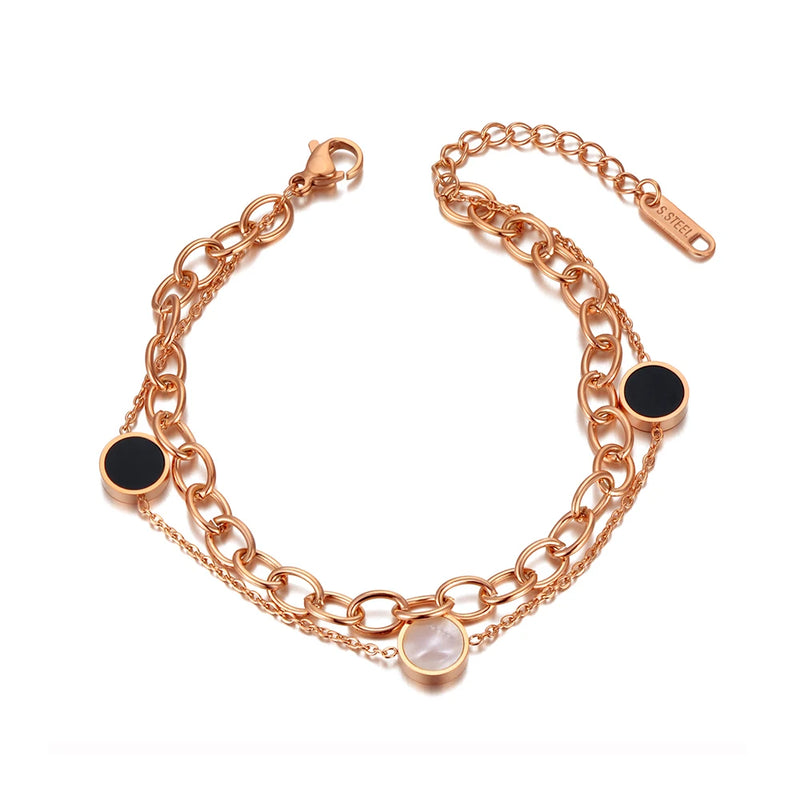 Punk Double Layer Stainless Steel Round Acrylic Shell Charm Bracelets AB20030